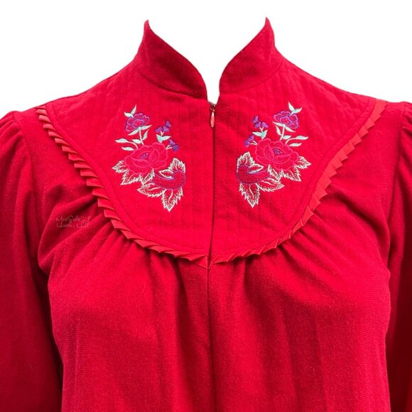 Adonna Vintage Floral Embroidered Ruffle Zip Front Maxi Housecoat Robe - Picture 2 of 6